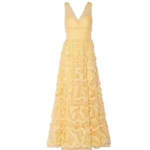 Marchesa Notte Fil Coupé-Trimmed Tulle Sleeveless Lemon Yellow Gown